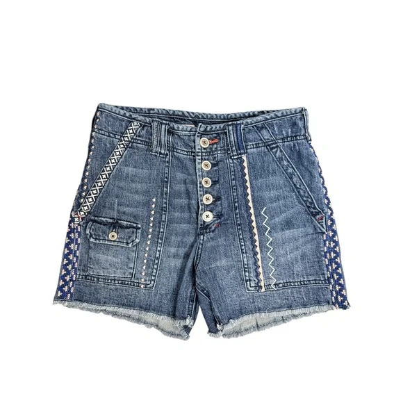 Anthropologie Pilcro Wanderer Embroidered Denim Shorts Boho Festival Size 27 - Picture 2 of 7